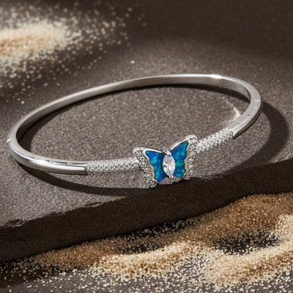 925 Silver Butterfly Opal Bangle Bracelet with CZ Accents - Zirak Silver