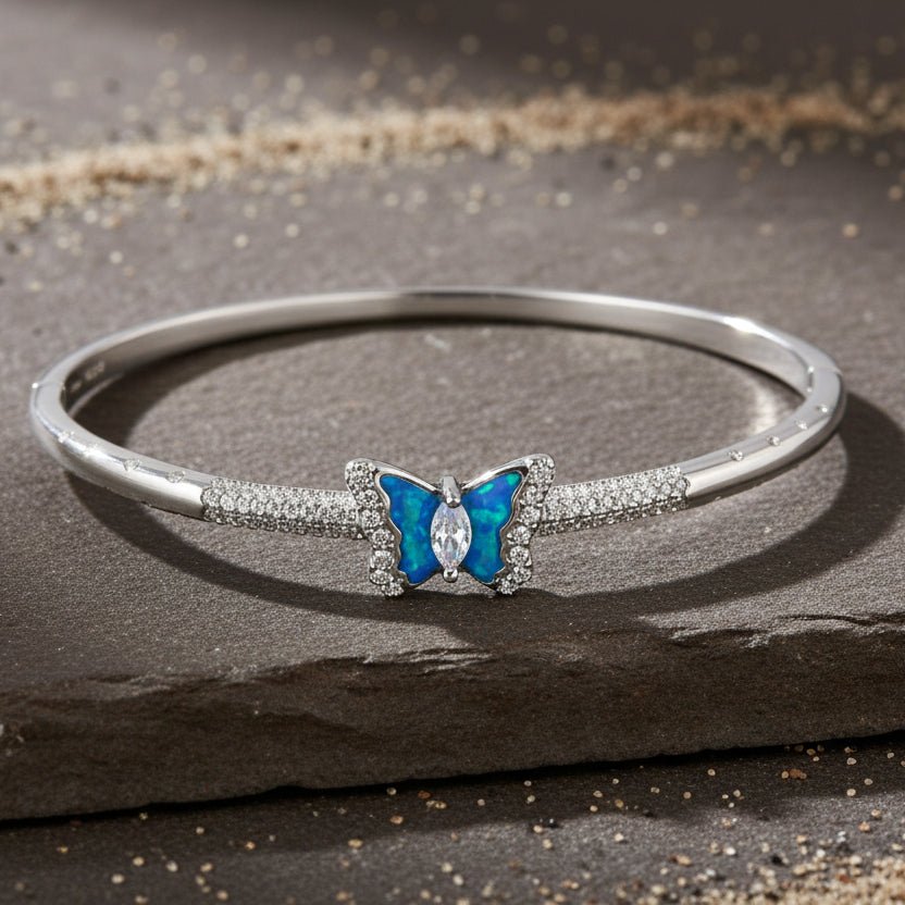 925 Silver Butterfly Opal Bangle Bracelet with CZ Accents - Zirak Silver