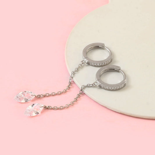 925 Silver Chain Drop Hoop Earrings – CZ Dangle Hoops with Teardrop Crystals | Elegant Statement Earrings - Zirak Silver