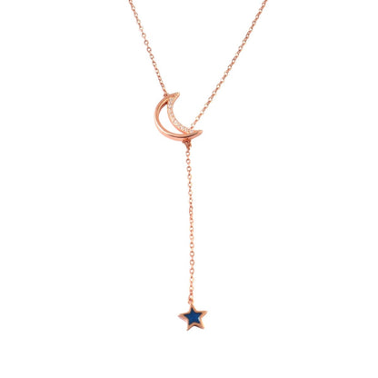 925 Silver Crescent Moon & Star Drop Necklace - Zirak Silver