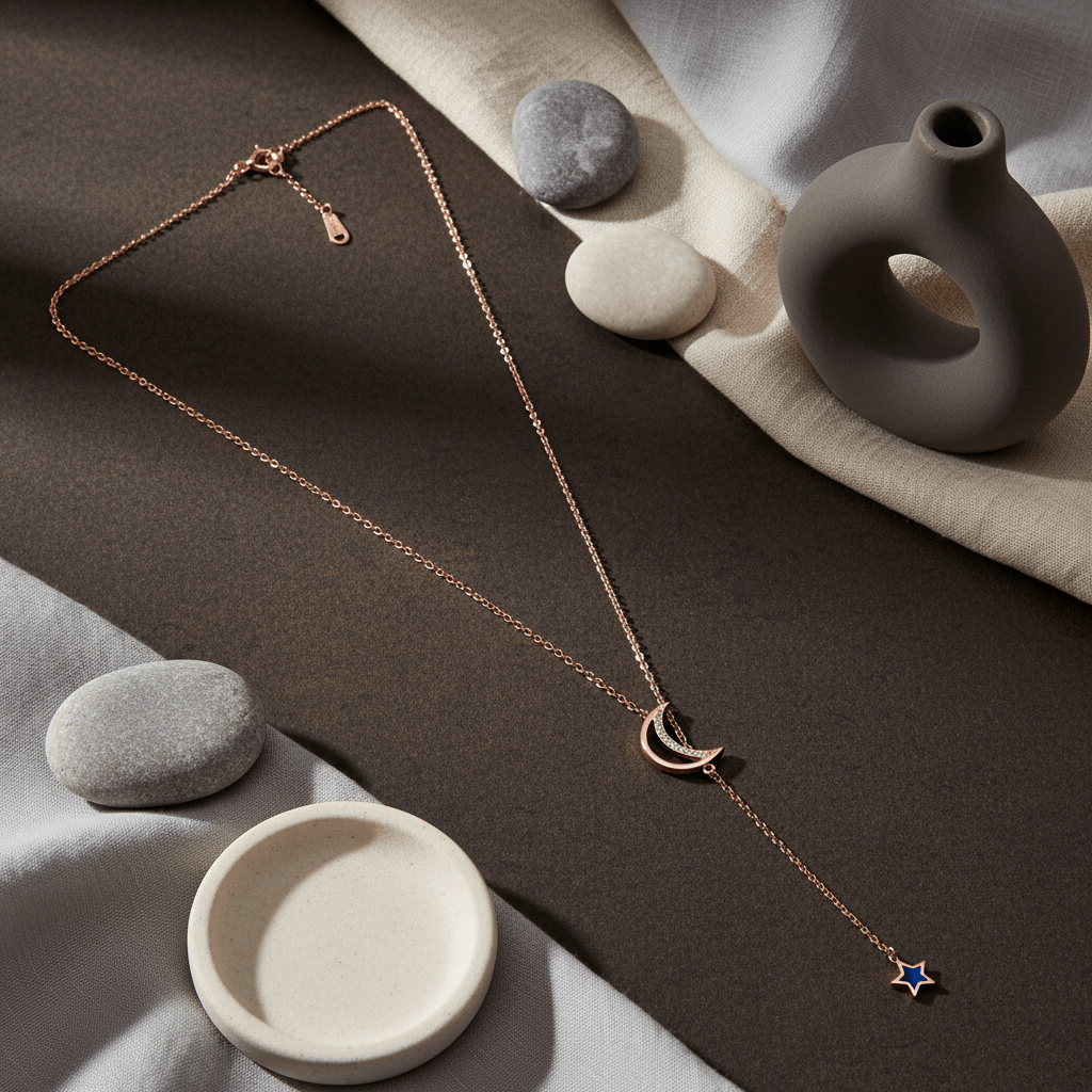 925 Silver Crescent Moon & Star Drop Necklace - Zirak Silver