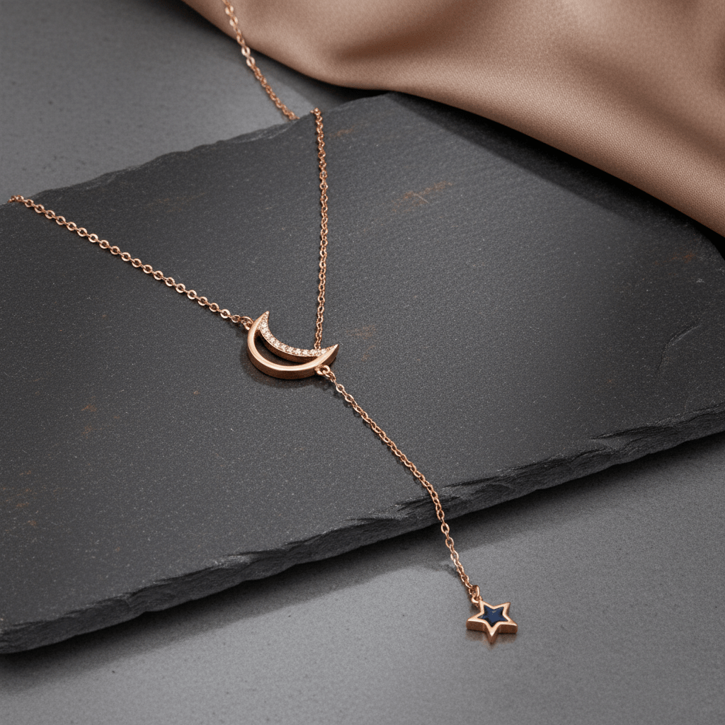 925 Silver Crescent Moon & Star Drop Necklace - Zirak Silver