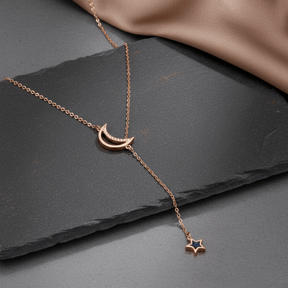 925 Silver Crescent Moon & Star Drop Necklace - Zirak Silver