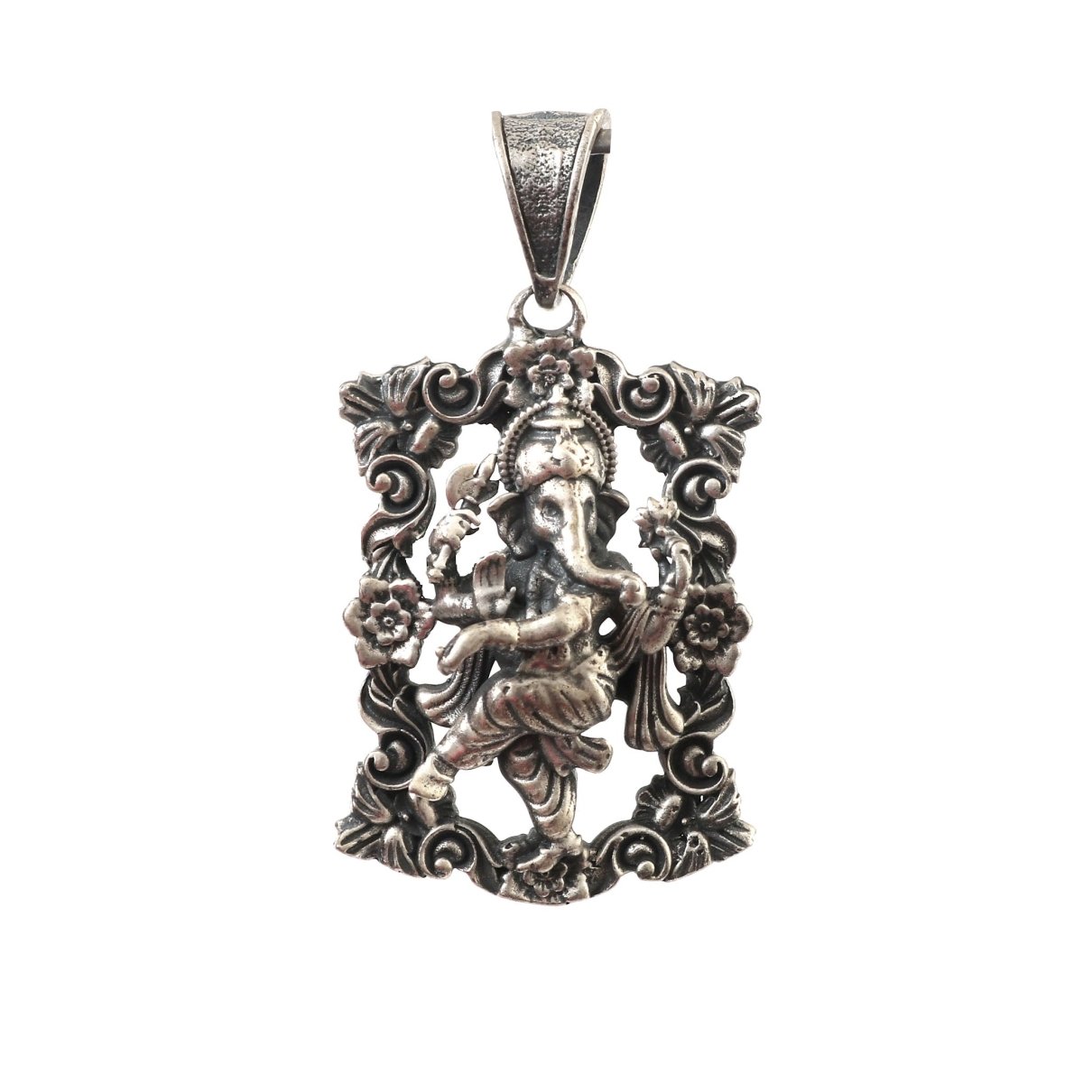 925 Silver Dancing Ganesha Pendant with Ornate Floral Frame - Zirak Silver