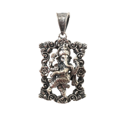 925 Silver Dancing Ganesha Pendant with Ornate Floral Frame - Zirak Silver