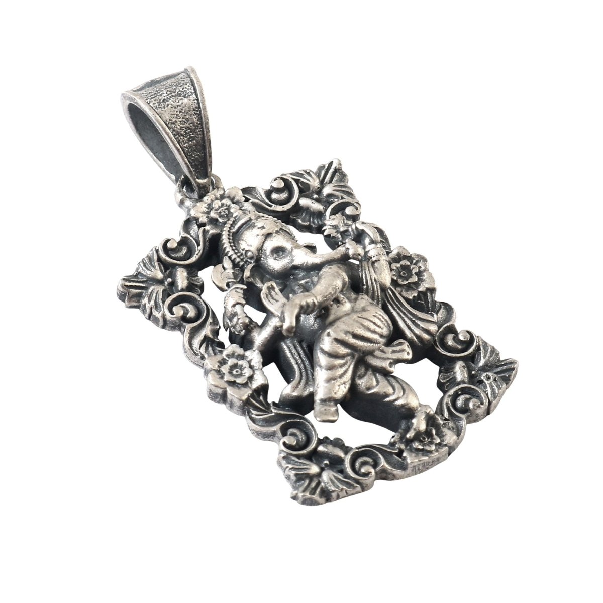925 Silver Dancing Ganesha Pendant with Ornate Floral Frame - Zirak Silver