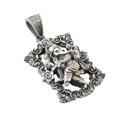 925 Silver Dancing Ganesha Pendant with Ornate Floral Frame - Zirak Silver