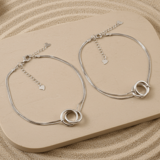925 Silver Double Chain Anklet with Interlocking Circle Charms – Minimalist Adjustable Jewelry - Zirak Silver