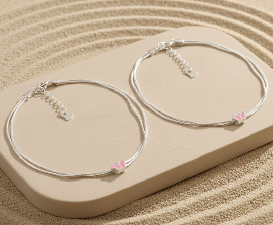 925 Silver Double Chain Anklet with Pink Butterfly Charm – Adjustable Minimal Jewelry - Zirak Silver