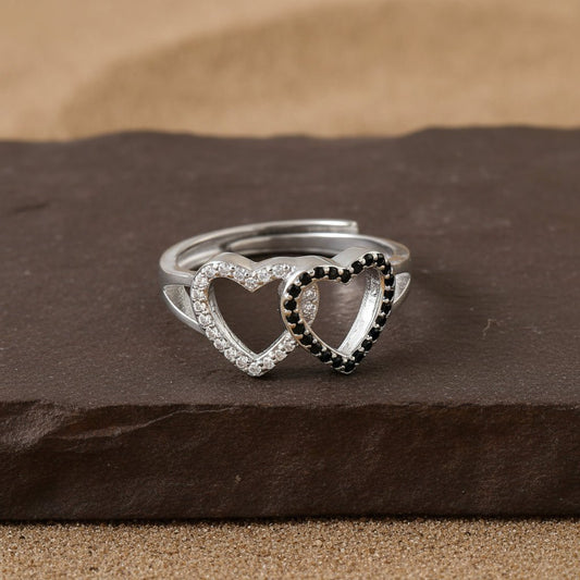 925 Silver Dual Heart Ring | Black & White CZ Couple Ring | Adjustable Sterling Silver Promise Jewelry - Zirak Silver