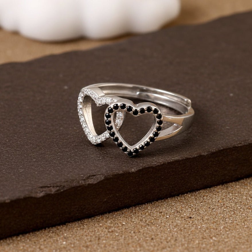 925 Silver Dual Heart Ring | Black & White CZ Couple Ring | Adjustable Sterling Silver Promise Jewelry - Zirak Silver