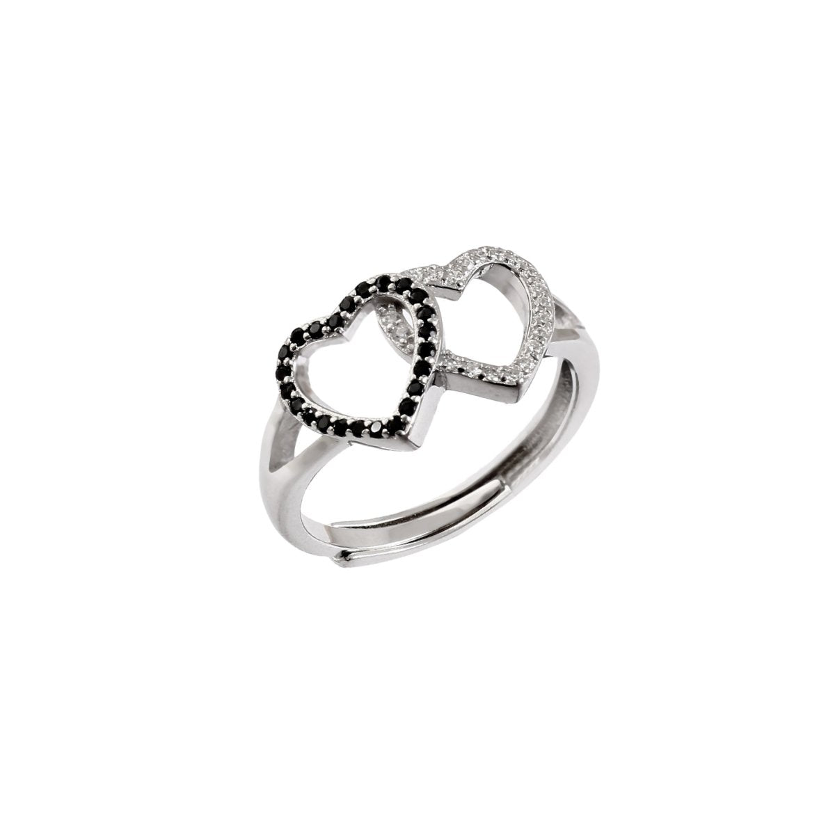 925 Silver Dual Heart Ring | Black & White CZ Couple Ring | Adjustable Sterling Silver Promise Jewelry - Zirak Silver