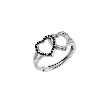 925 Silver Dual Heart Ring | Black & White CZ Couple Ring | Adjustable Sterling Silver Promise Jewelry - Zirak Silver