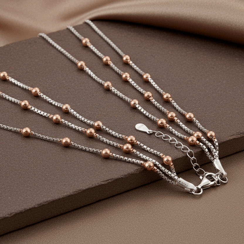 925 Silver Dual - Tone Beaded Layered Necklace with Rose Gold Accents - Zirak Silver