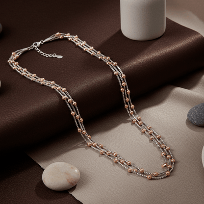 925 Silver Dual - Tone Beaded Layered Necklace with Rose Gold Accents - Zirak Silver