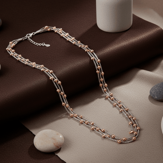 925 Silver Dual - Tone Beaded Layered Necklace with Rose Gold Accents - Zirak Silver