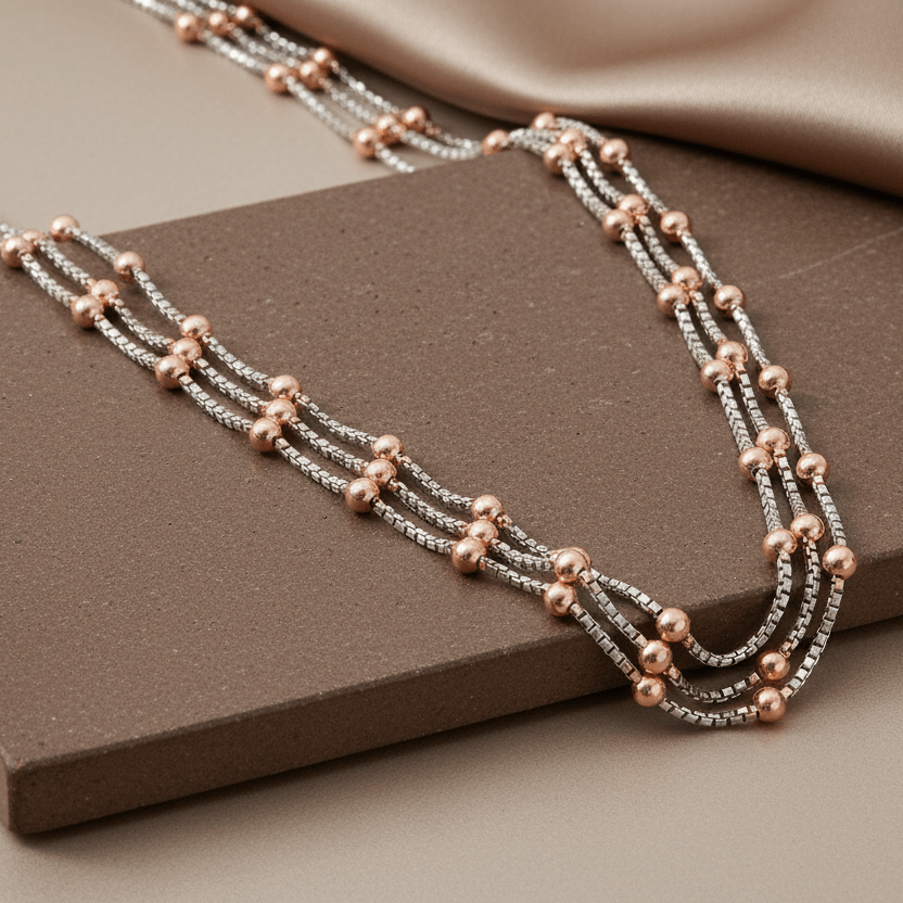 925 Silver Dual - Tone Beaded Layered Necklace with Rose Gold Accents - Zirak Silver