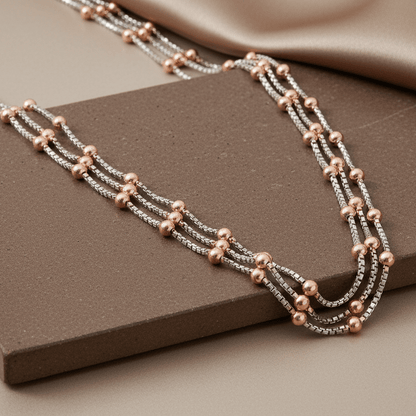 925 Silver Dual - Tone Beaded Layered Necklace with Rose Gold Accents - Zirak Silver