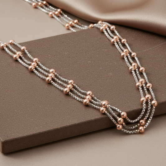 925 Silver Dual - Tone Beaded Layered Necklace with Rose Gold Accents - Zirak Silver