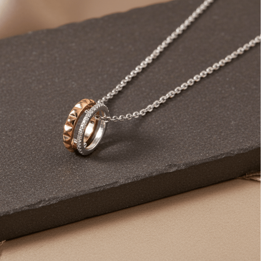 925 Silver Dual Tone Interlocking Ring Pendant Necklace - Zirak Silver