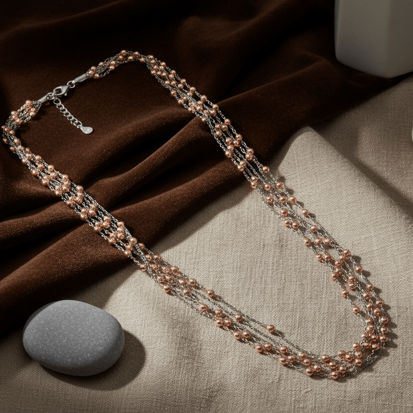 925 Silver Dual - Tone Multi - Strand Beaded Necklace with Rose Gold Beads - Zirak Silver