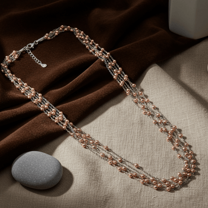 925 Silver Dual - Tone Multi - Strand Beaded Necklace with Rose Gold Beads - Zirak Silver