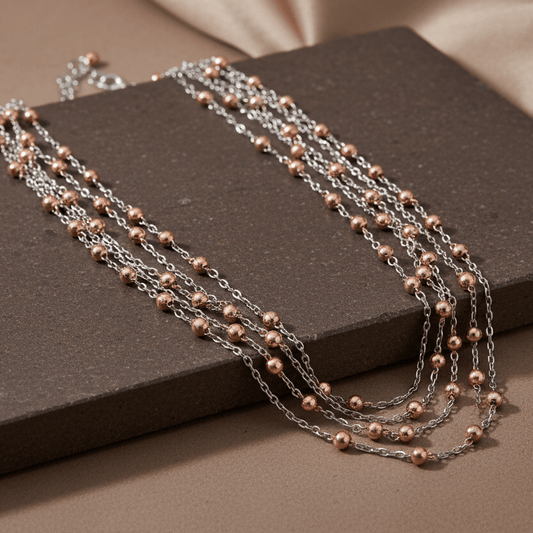 925 Silver Dual - Tone Multi - Strand Beaded Necklace with Rose Gold Beads - Zirak Silver