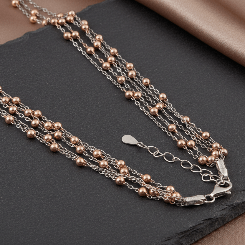 925 Silver Dual - Tone Multi - Strand Beaded Necklace with Rose Gold Beads - Zirak Silver