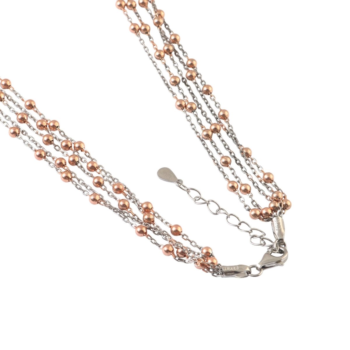 925 Silver Dual - Tone Multi - Strand Beaded Necklace with Rose Gold Beads - Zirak Silver