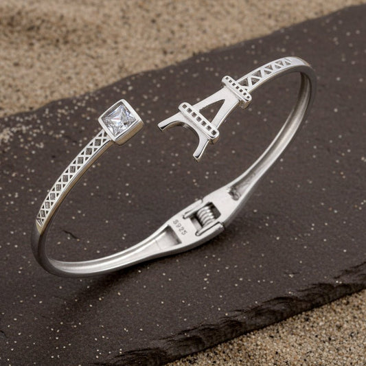 925 Silver Eiffel Tower Openable Bracelet with Square CZ Accent - Zirak Silver