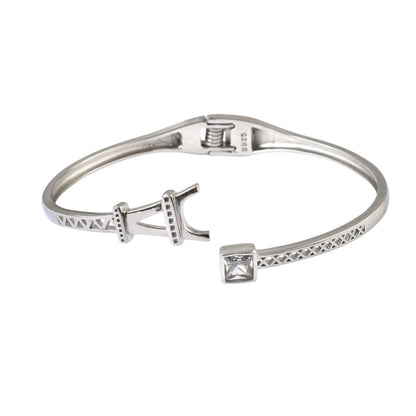 925 Silver Eiffel Tower Openable Bracelet with Square CZ Accent - Zirak Silver