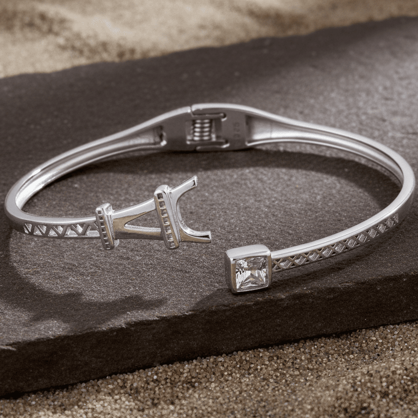925 Silver Eiffel Tower Openable Bracelet with Square CZ Accent - Zirak Silver