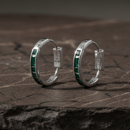 925 Silver Emerald Green Huggie Hoop Earrings - Zirak Silver