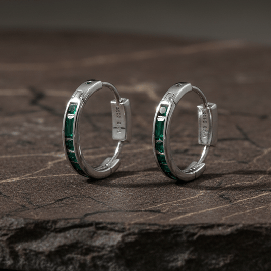 925 Silver Emerald Green Huggie Hoop Earrings - Zirak Silver