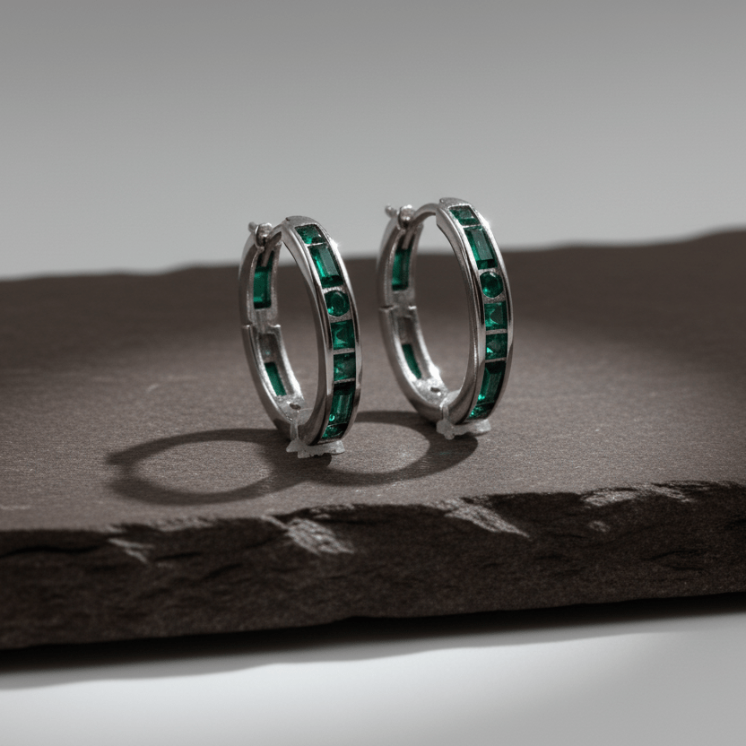 925 Silver Emerald Green Huggie Hoop Earrings - Zirak Silver