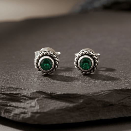 925 Silver Emerald Green Tiny Stud Earrings - Zirak Silver