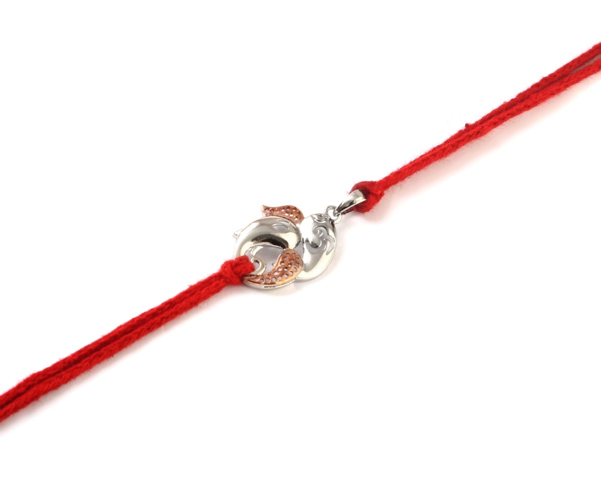 925 Silver Ganesh Ji Rakhi with Rose Gold Accents on Red Thread - Zirak Silver