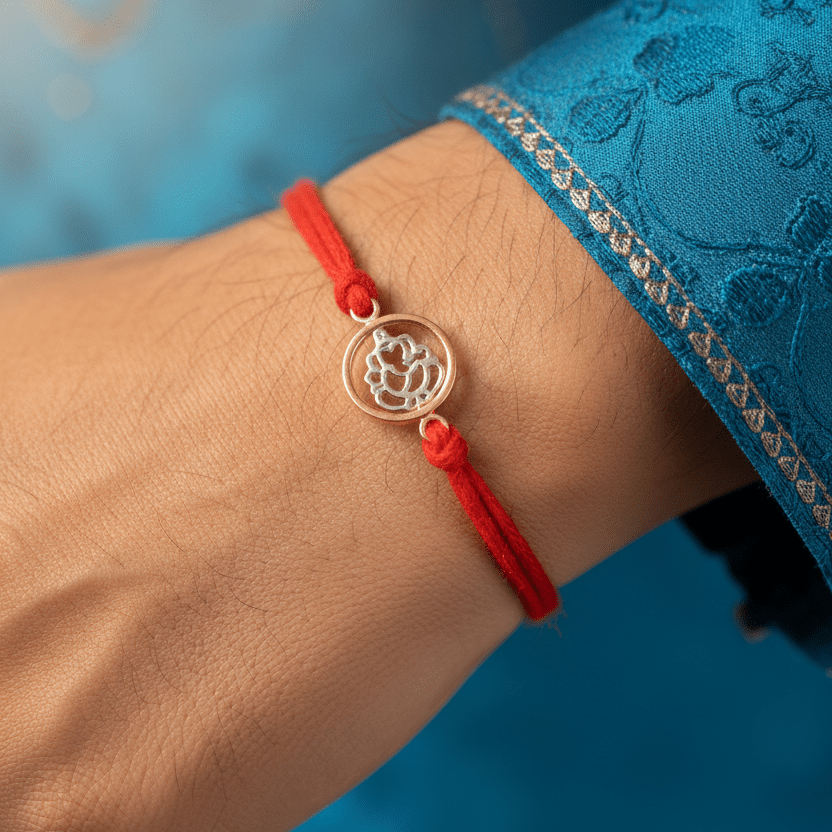 925 Silver Ganesha Rakhi on Red Mauli Thread | Handmade Raksha Bandhan Bracelet - Zirak Silver