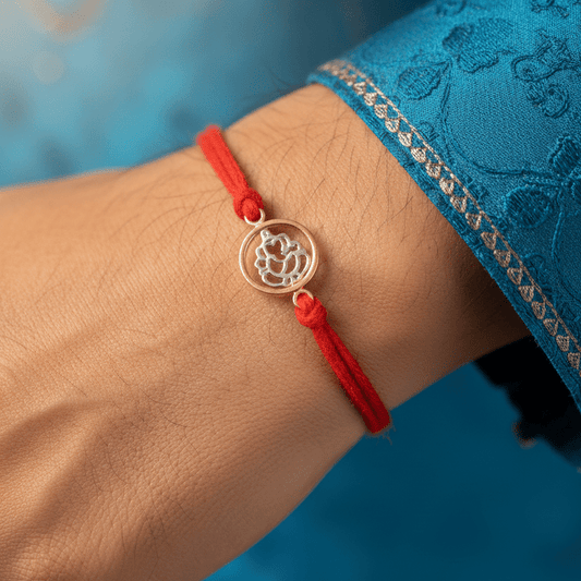 925 Silver Ganesha Rakhi on Red Mauli Thread | Handmade Raksha Bandhan Bracelet - Zirak Silver