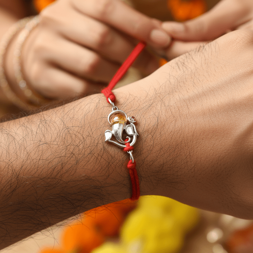 925 Silver Ganesha Rakhi with Red Thread | Lord Ganpati Rakhi for Brother - Zirak Silver