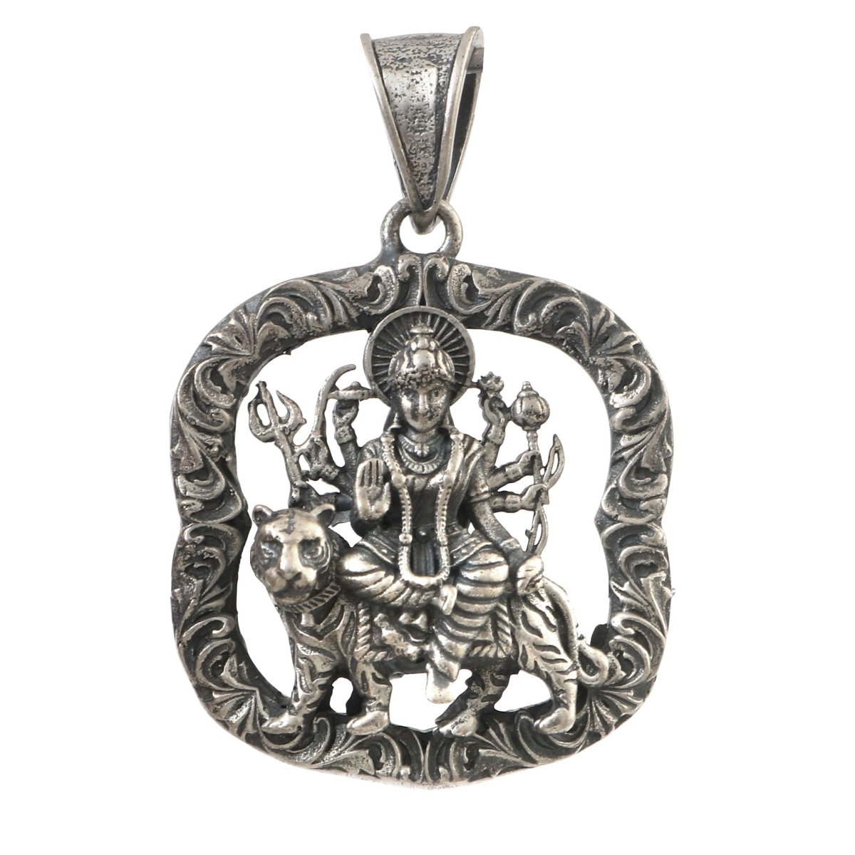 925 Silver Goddess Durga Pendant with Lion – Handcrafted Oxidized Religious Jewelry - Zirak Silver