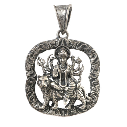 925 Silver Goddess Durga Pendant with Lion – Handcrafted Oxidized Religious Jewelry - Zirak Silver