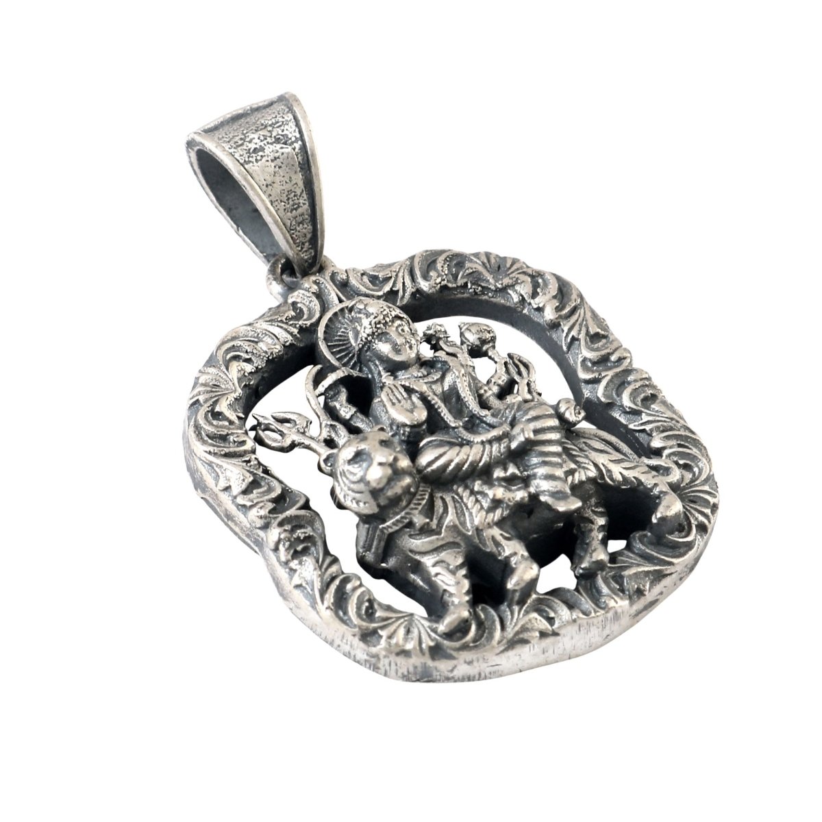 925 Silver Goddess Durga Pendant with Lion – Handcrafted Oxidized Religious Jewelry - Zirak Silver