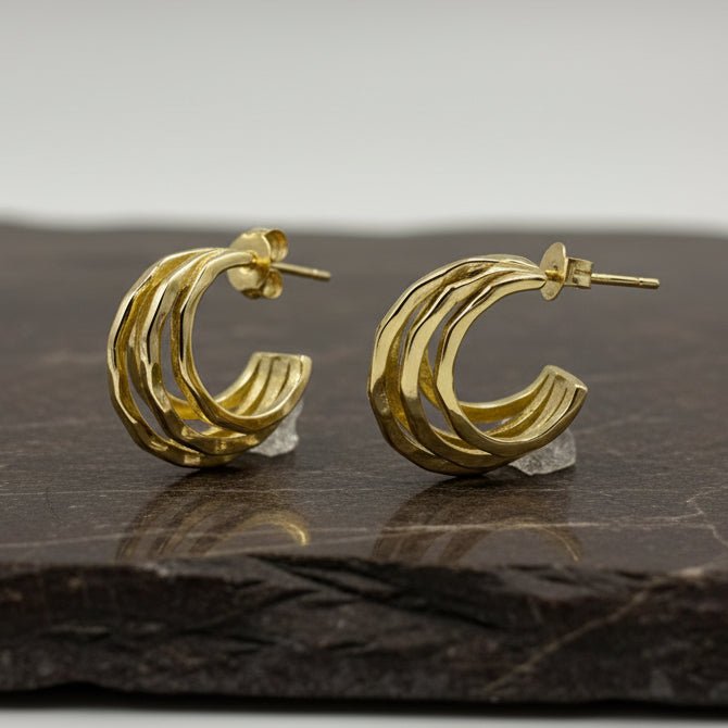 925 Silver Gold Plated Multi - Layer Textured Hoop Earrings - Zirak Silver