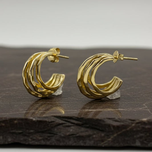 925 Silver Gold Plated Multi - Layer Textured Hoop Earrings - Zirak Silver