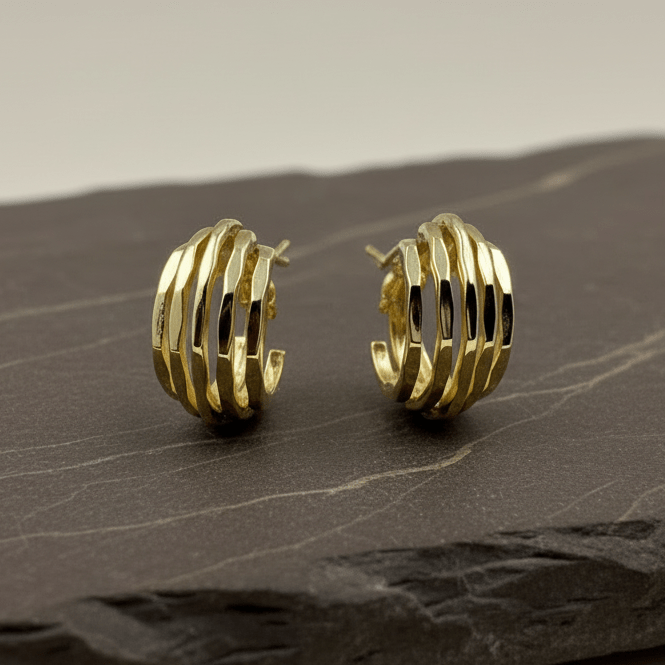 925 Silver Gold Plated Multi - Layer Textured Hoop Earrings - Zirak Silver