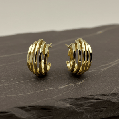 925 Silver Gold Plated Multi - Layer Textured Hoop Earrings - Zirak Silver