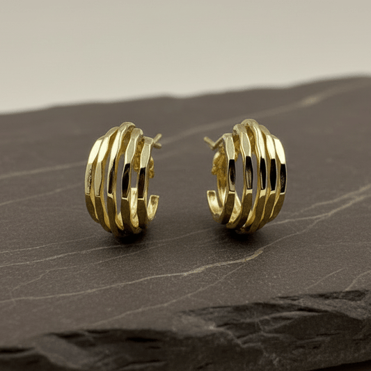 925 Silver Gold Plated Multi - Layer Textured Hoop Earrings - Zirak Silver