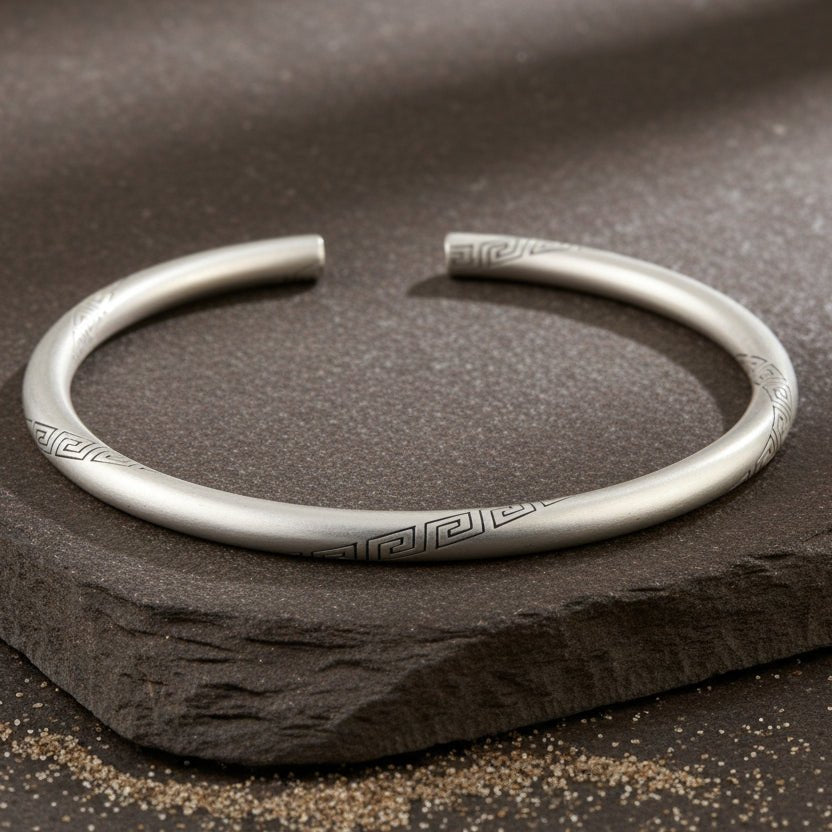 925 Silver Greek Key Engraved Open Cuff Bangle - Zirak Silver