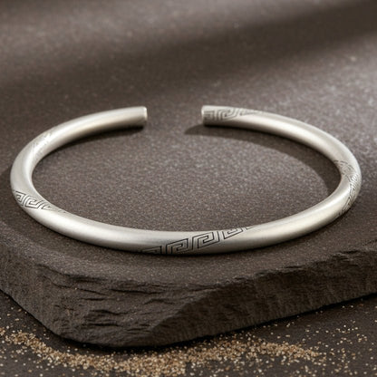 925 Silver Greek Key Engraved Open Cuff Bangle - Zirak Silver